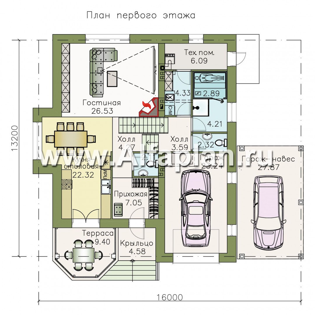 Проекты домов Альфаплан - «Корона» - коттедж с гаражом, навесом и красивым эркером - изображение плана проекта №1