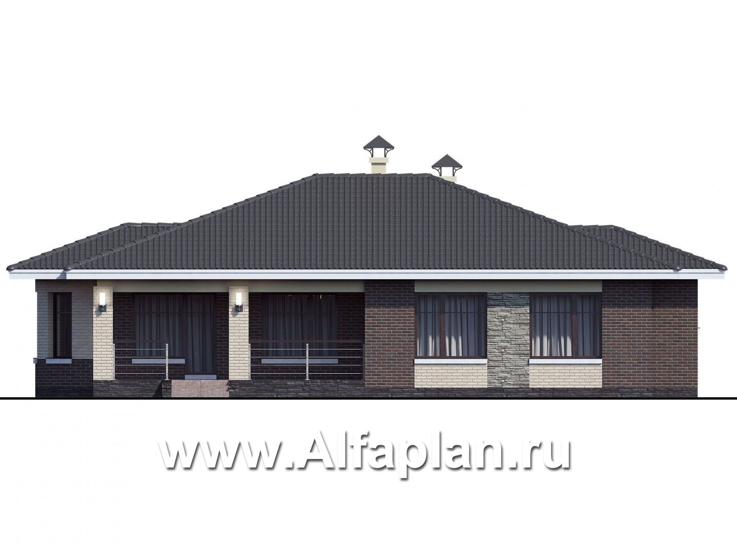 Проекты домов Альфаплан - «Вуокса» - одноэтажный дом с просторной гостиной-столовой - изображение фасада №4