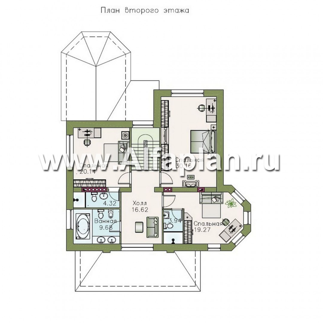 «Львиное сердце» - проект двухэтажного коттеджа, с эркером и с террасой, план дома с кабинетом на 1 эт - план дома