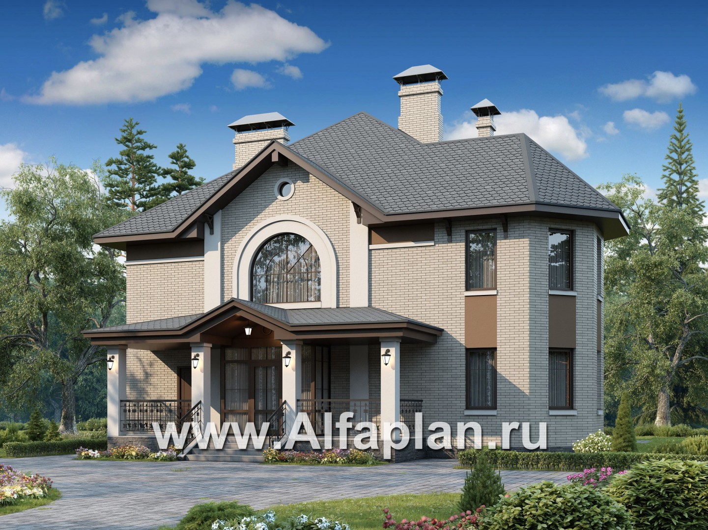 «Львиное сердце» - проект двухэтажного коттеджа, с эркером и с террасой, план дома с кабинетом на 1 эт - основное изображение