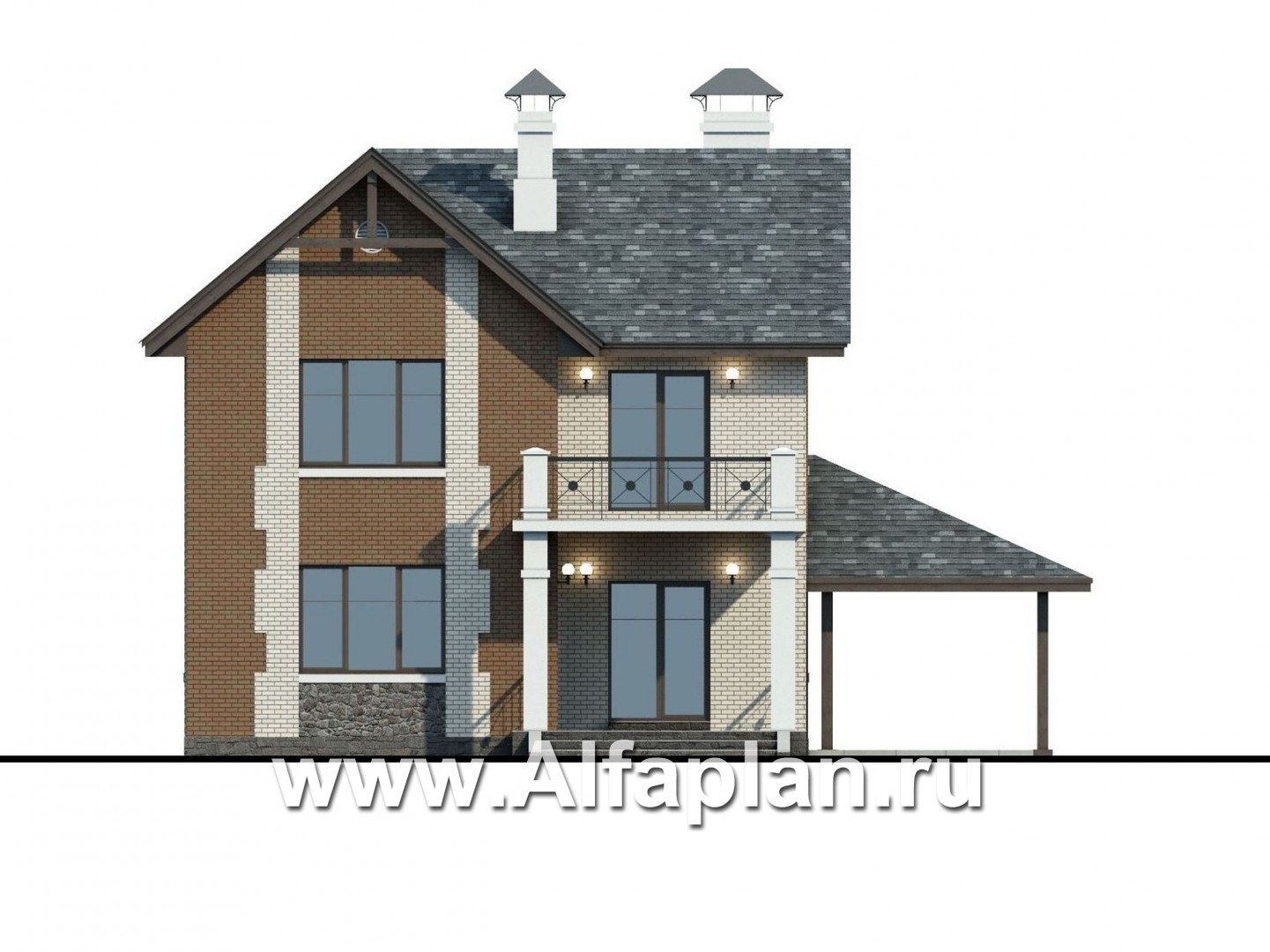 Проекты домов Альфаплан - «Галерея»- дом c балконом-галереей и навесом для авто - изображение фасада №4