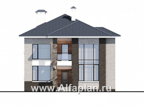 Проекты домов Альфаплан - «Вязьма»- удобный коттедж с двусветной гостиной - превью фасада №1