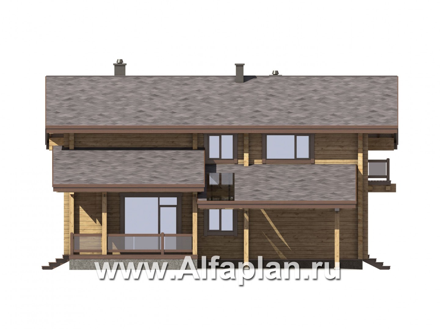 Проекты домов Альфаплан - Дом из бруса с навесом для машины и угловой террасой - изображение фасада №1