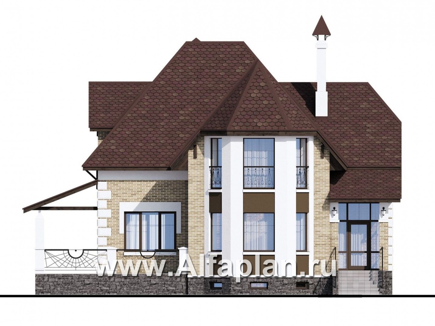 Проекты домов Альфаплан - «Клио Плюс» - коттедж с  цокольным этажом и угловой террасой - изображение фасада №1