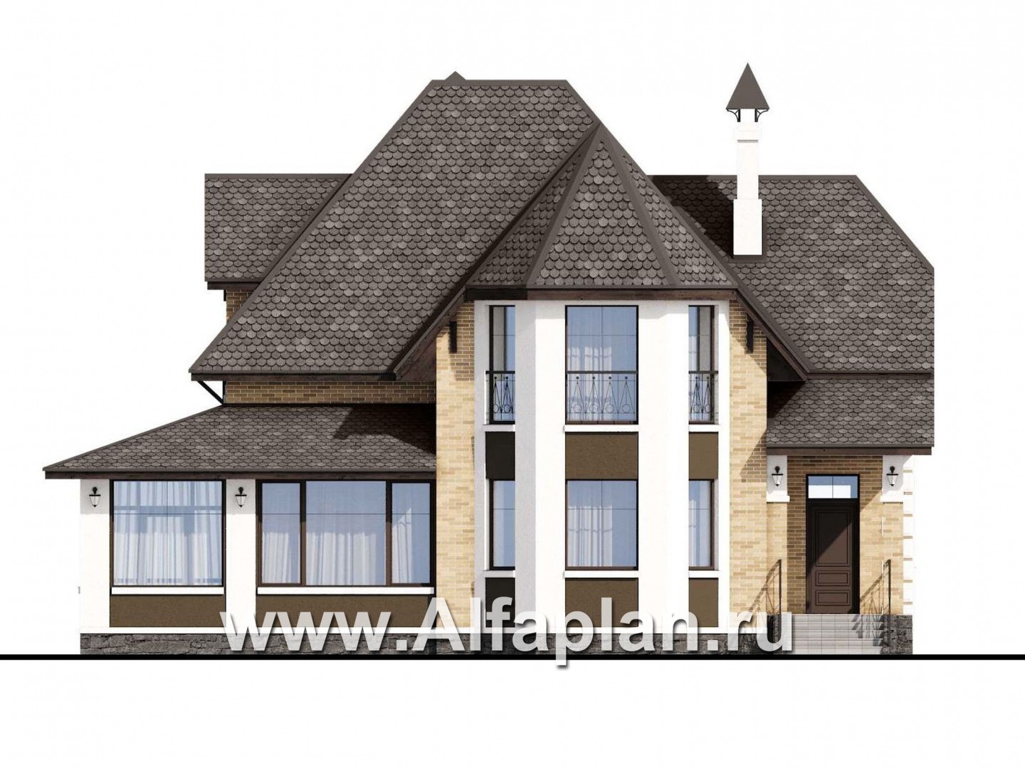 Проекты домов Альфаплан - «Клио» - классический коттедж с красивым эркером - изображение фасада №1