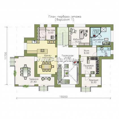 «Арно» - проект двухэтажного дома, особняк с двусветной гостиной, с террасой и сауной - превью план дома