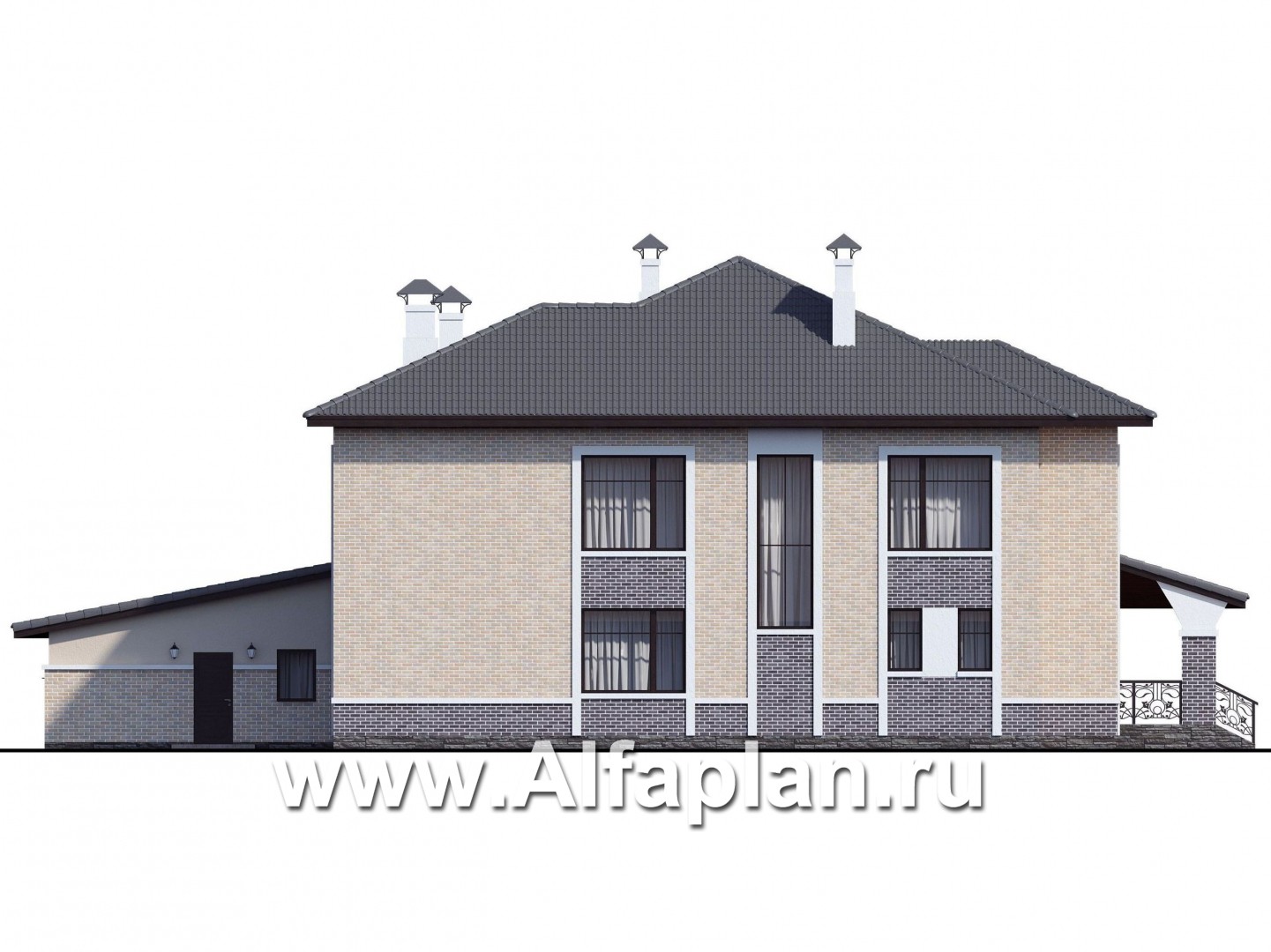 Проекты домов Альфаплан - «Арно» - проект двухэтажного дома,  с двусветной гостиной, с террасой, с гаражом на 2 авто - изображение фасада №4