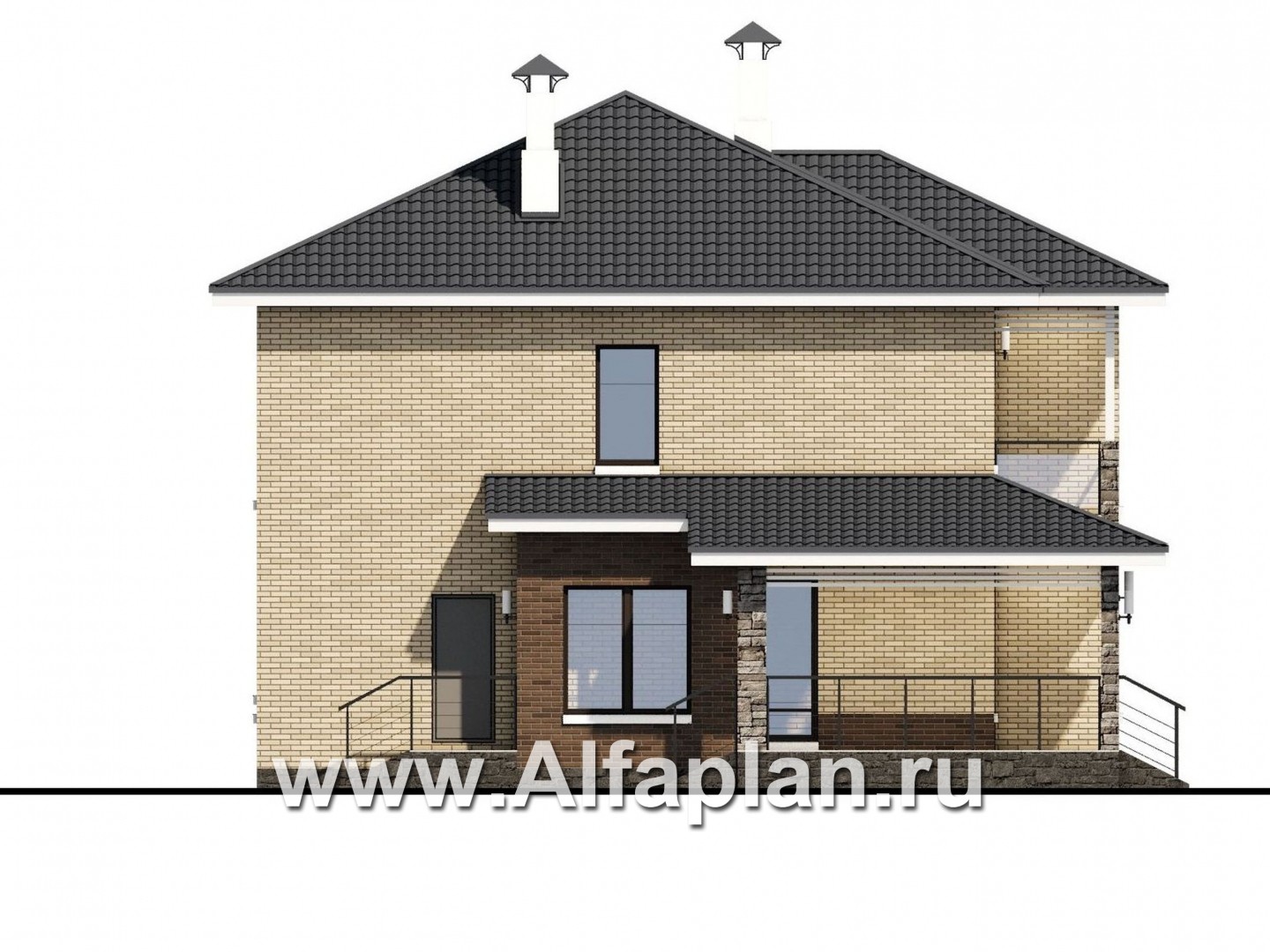 Проекты домов Альфаплан - «Роман с камнем» — двухэтажный коттедж с террасой при входе - изображение фасада №3