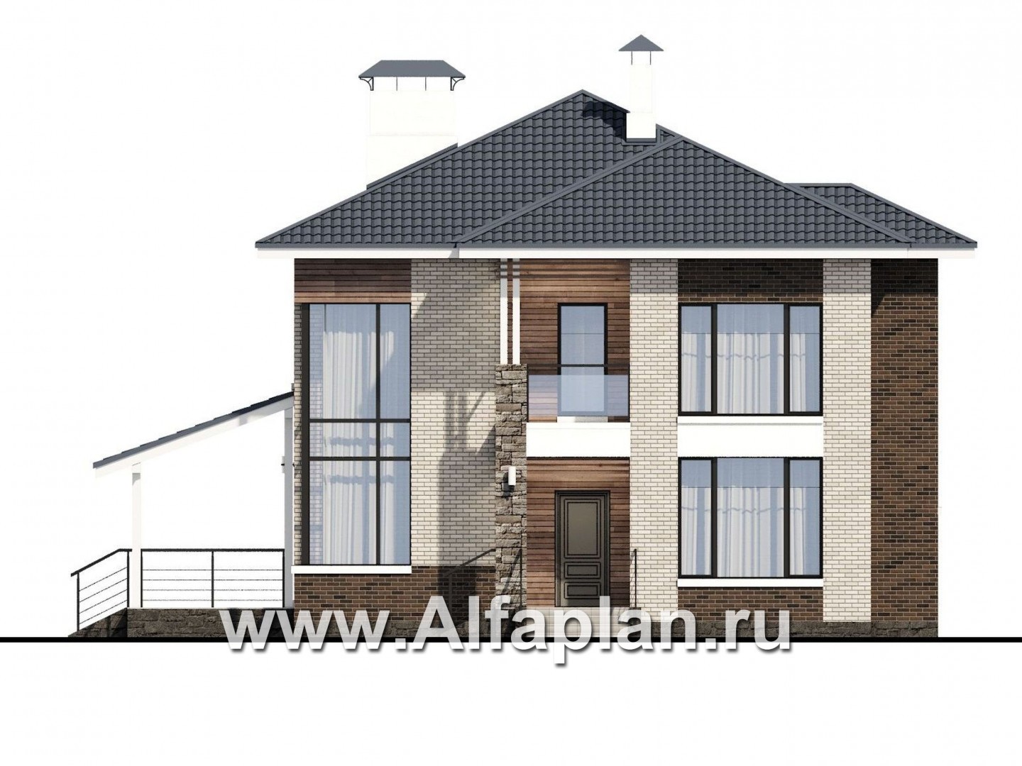 Проекты домов Альфаплан - «Роман с камнем» — двухэтажный коттедж со вторым светом - изображение фасада №1
