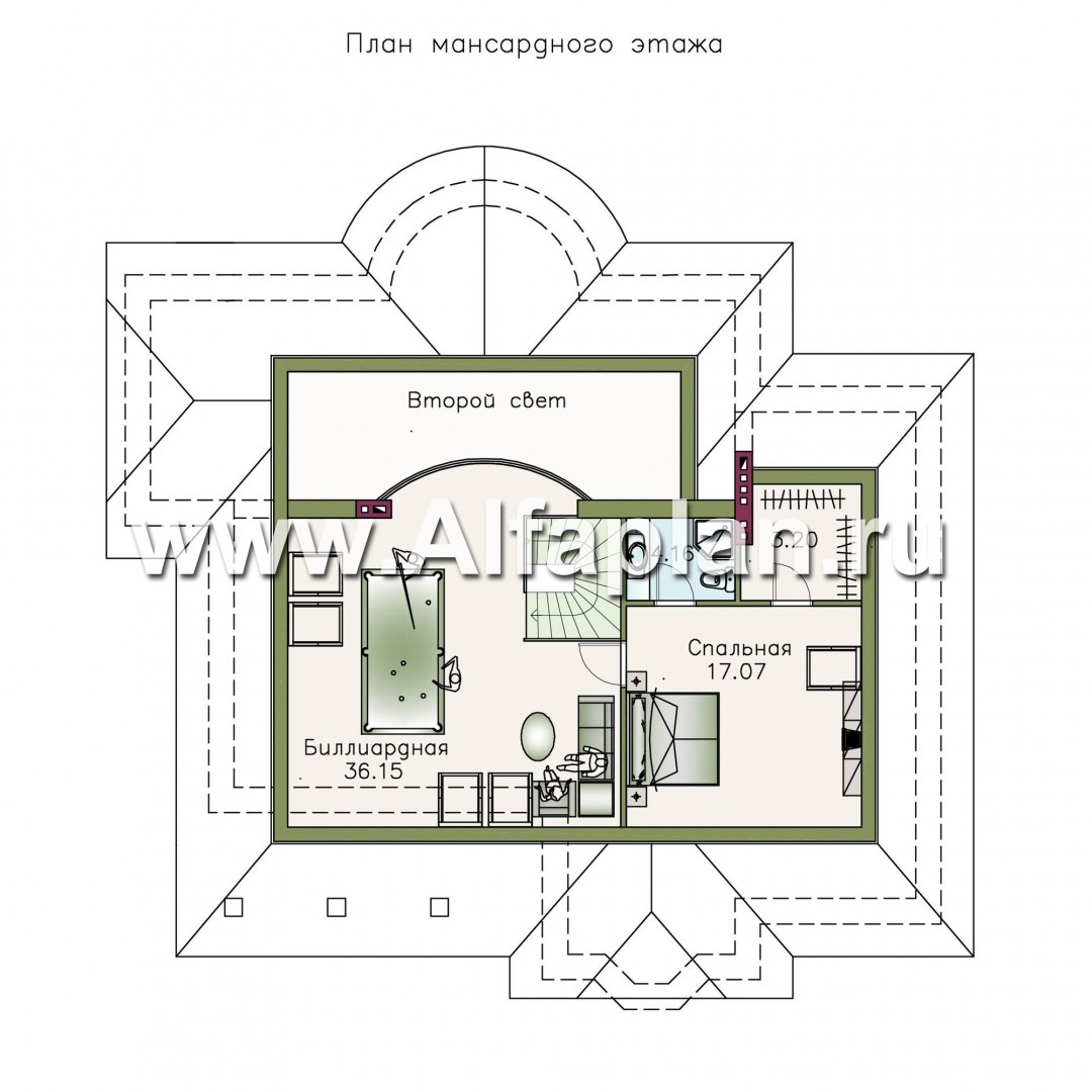 Проекты домов Альфаплан - «Линия судьбы» - одноэтажный дом с бильярдной в мансарде - план проекта №3