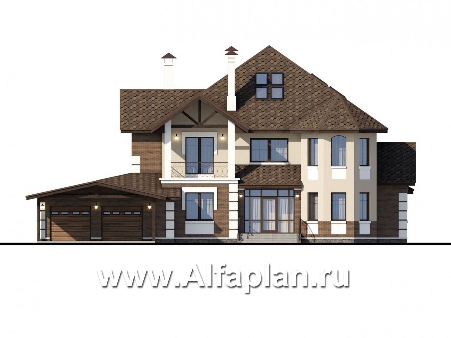 Проекты домов Альфаплан - «Воронцов»-проект двухэтажного дома из газобетона с эркером, с биллиардной,  с гаражом и навесом на 4 авто - изображение фасада №1