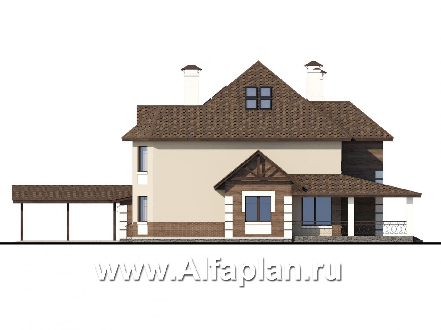 Проекты домов Альфаплан - «Воронцов»-проект двухэтажного дома из газобетона с эркером, с биллиардной,  с гаражом и навесом на 4 авто - изображение фасада №2