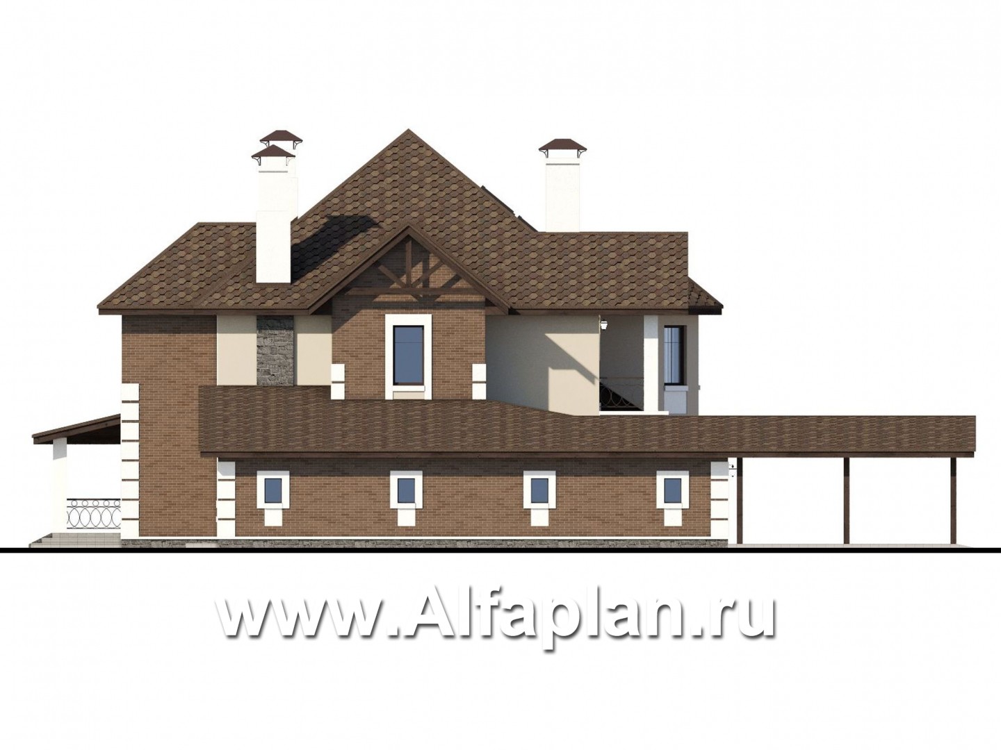 Проекты домов Альфаплан - «Воронцов»-проект двухэтажного дома из газобетона с эркером, с биллиардной,  с гаражом и навесом на 4 авто - изображение фасада №3