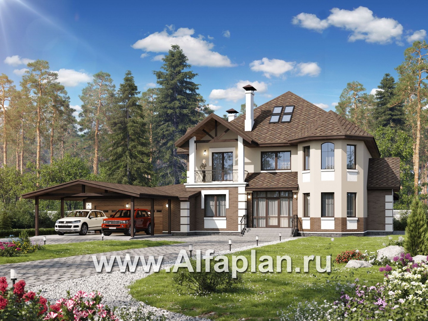 Проекты домов Альфаплан - «Воронцов»-проект двухэтажного дома из газобетона с эркером, с биллиардной,  с гаражом и навесом на 4 авто - основное изображение