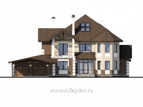 Проекты домов Альфаплан - «Воронцов»-проект двухэтажного дома из газобетона с эркером, с биллиардной,  с гаражом и навесом на 4 авто - превью фасада №1