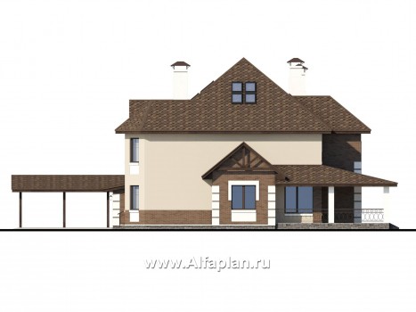 Проекты домов Альфаплан - «Воронцов»-проект двухэтажного дома из газобетона с эркером, с биллиардной,  с гаражом и навесом на 4 авто - превью фасада №2