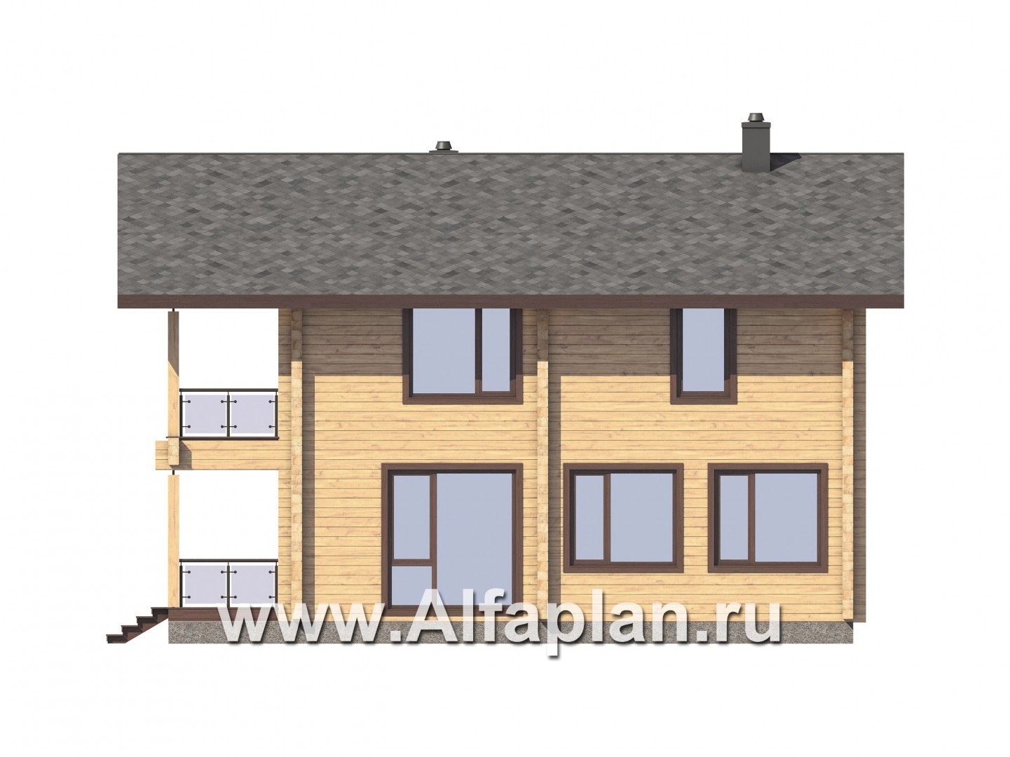 Проекты домов Альфаплан - Двухэтажный коттедж из бруса с террасой и балконом - изображение фасада №4