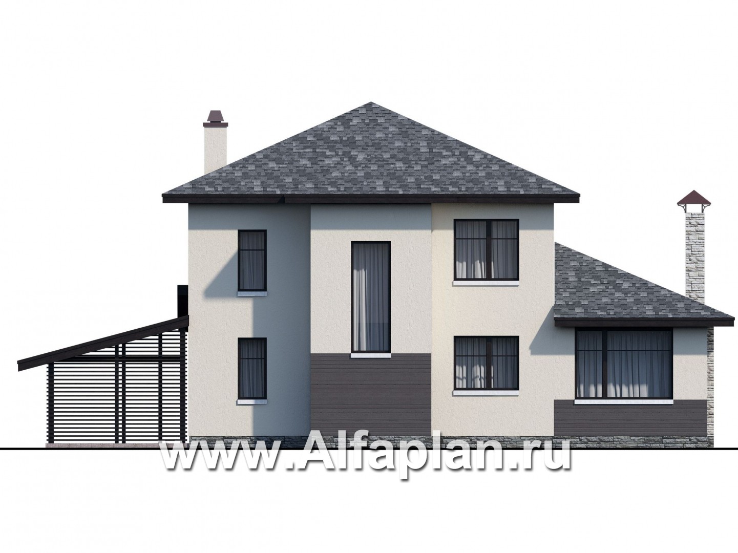 Проекты домов Альфаплан - "Одер" - стильный двухэтажный коттедж из газобетона с гаражом-навесом - изображение фасада №4