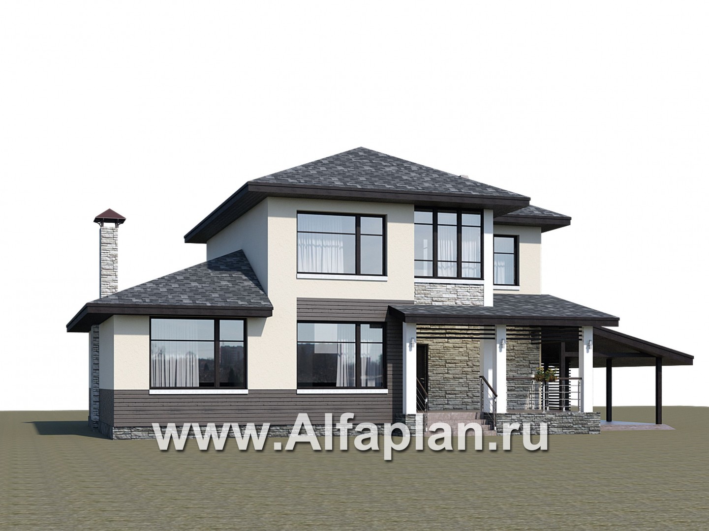 Проекты домов Альфаплан - "Одер" - стильный двухэтажный коттедж из газобетона с гаражом-навесом - дополнительное изображение №1