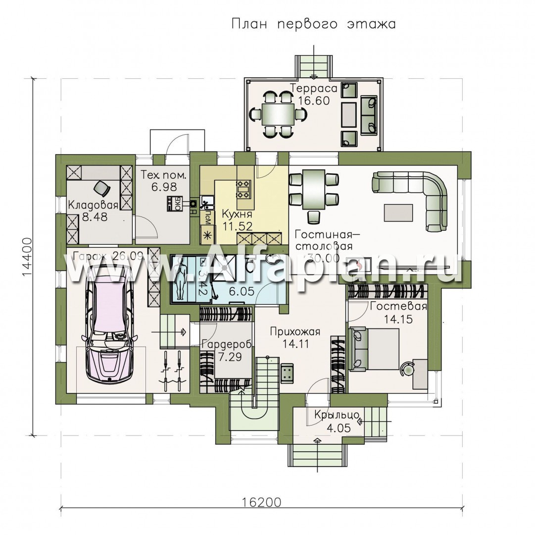 Проекты домов Альфаплан - «Эндорфин» - современный двухэтажный дом с гаражом - план проекта №1
