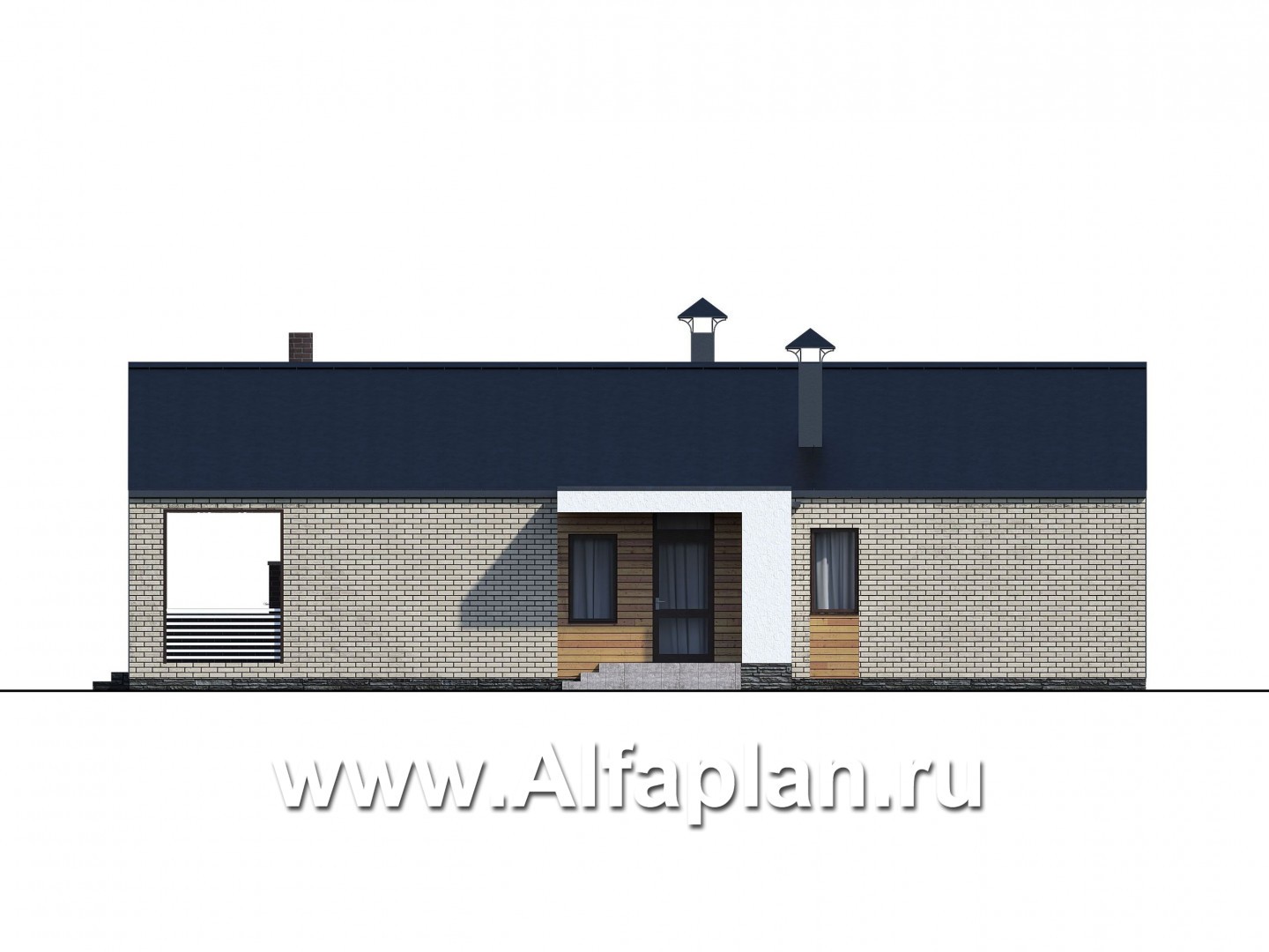 «Тета» -  проект одноэтажного дома в стиле барнхаус, с террасой и барбекю на террасе, 2 спальни - фасад дома