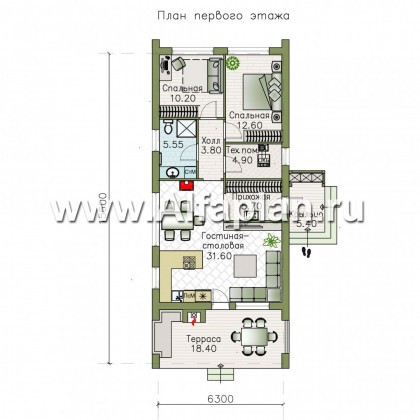 «Тета» -  проект одноэтажного дома в стиле барнхаус, с террасой и барбекю на террасе, 2 спальни - превью план дома