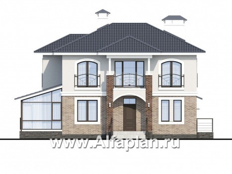 Проекты домов Альфаплан - Респектабельный коттедж с большой остекленной верандой - превью фасада №1